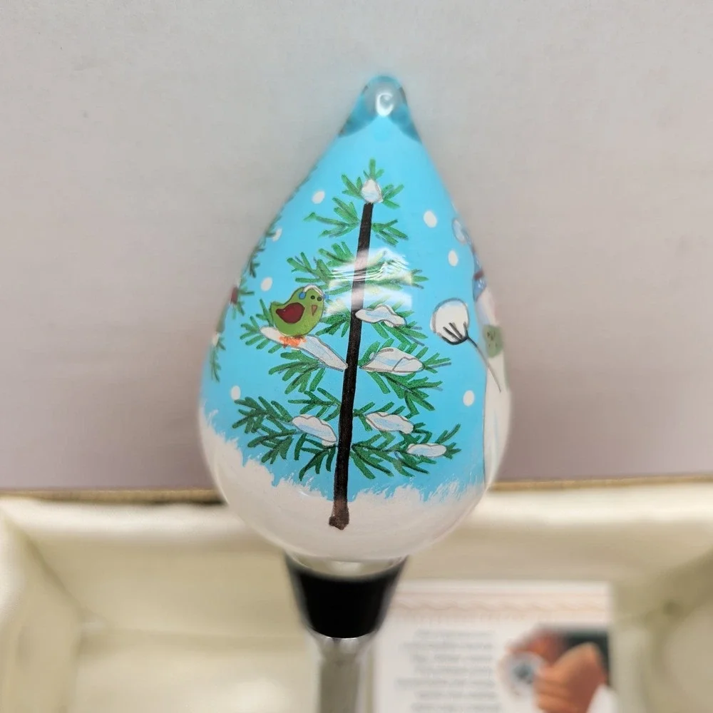Pier 1 Li Bien Hand Painted Glass Wine Bottle Stopper 2014 Snowman Winter Scene